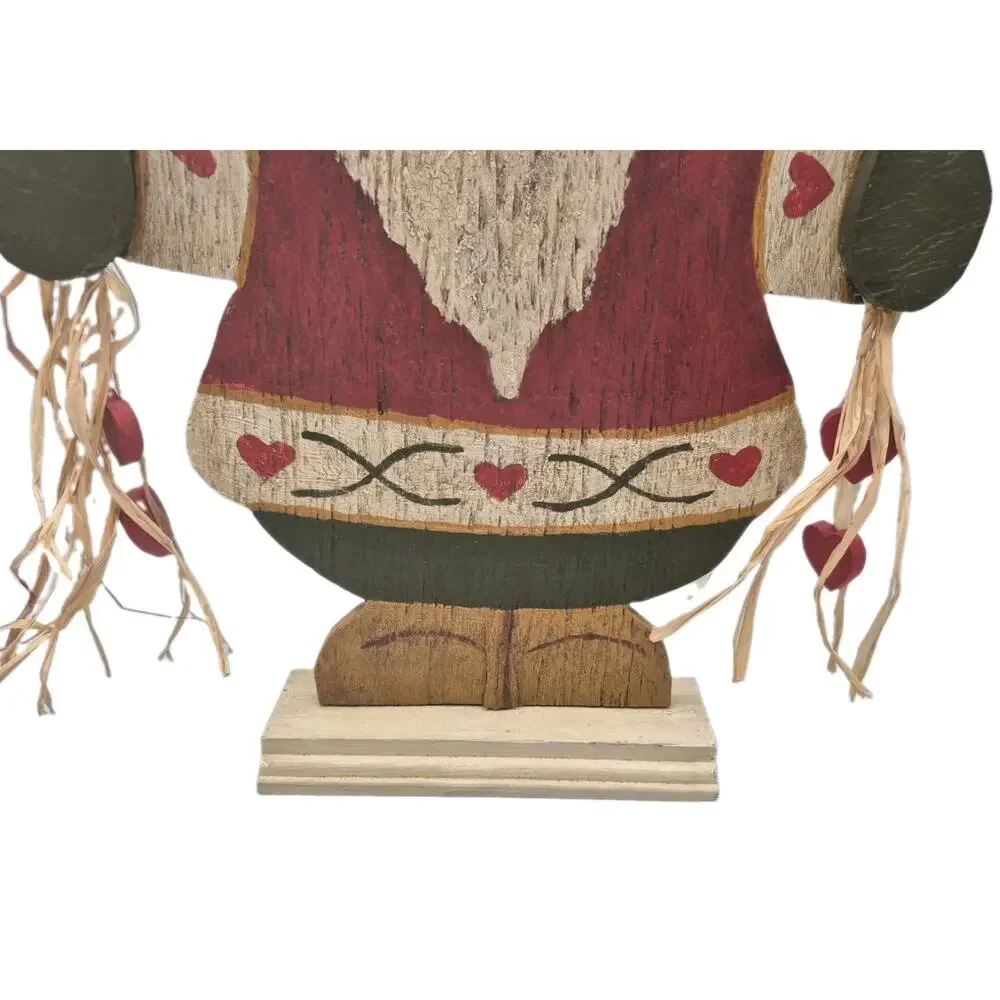 Vintage Tole Painted Wood Santa with Red Hearts Free-standing 15x11x2
